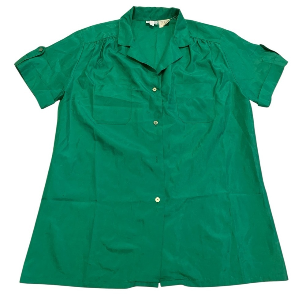 Simpsons Emerald Green Blouse Size 12 70s 80s Short Sleeve Button Down Shirt Top